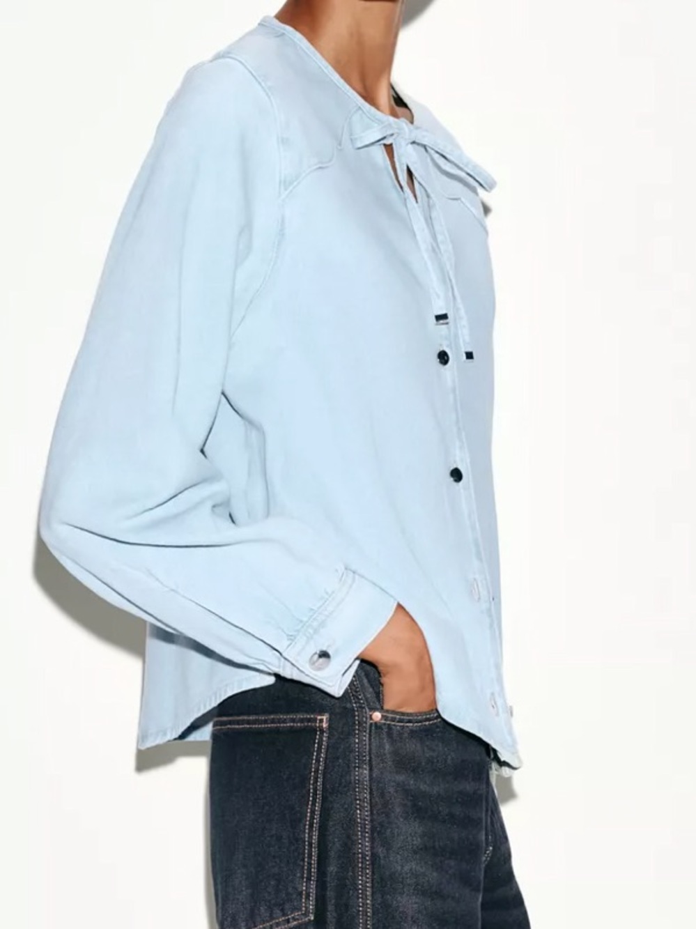 Zara Light Blue Soft Denim Tie-Neck Button Down Shirt Large NWT - Picture 9 of 13